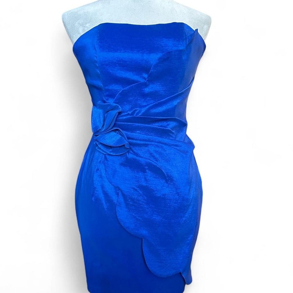 Vintage Y2K Cache Royal Blue Strapless Side Ruffle Mini Dress Size 0